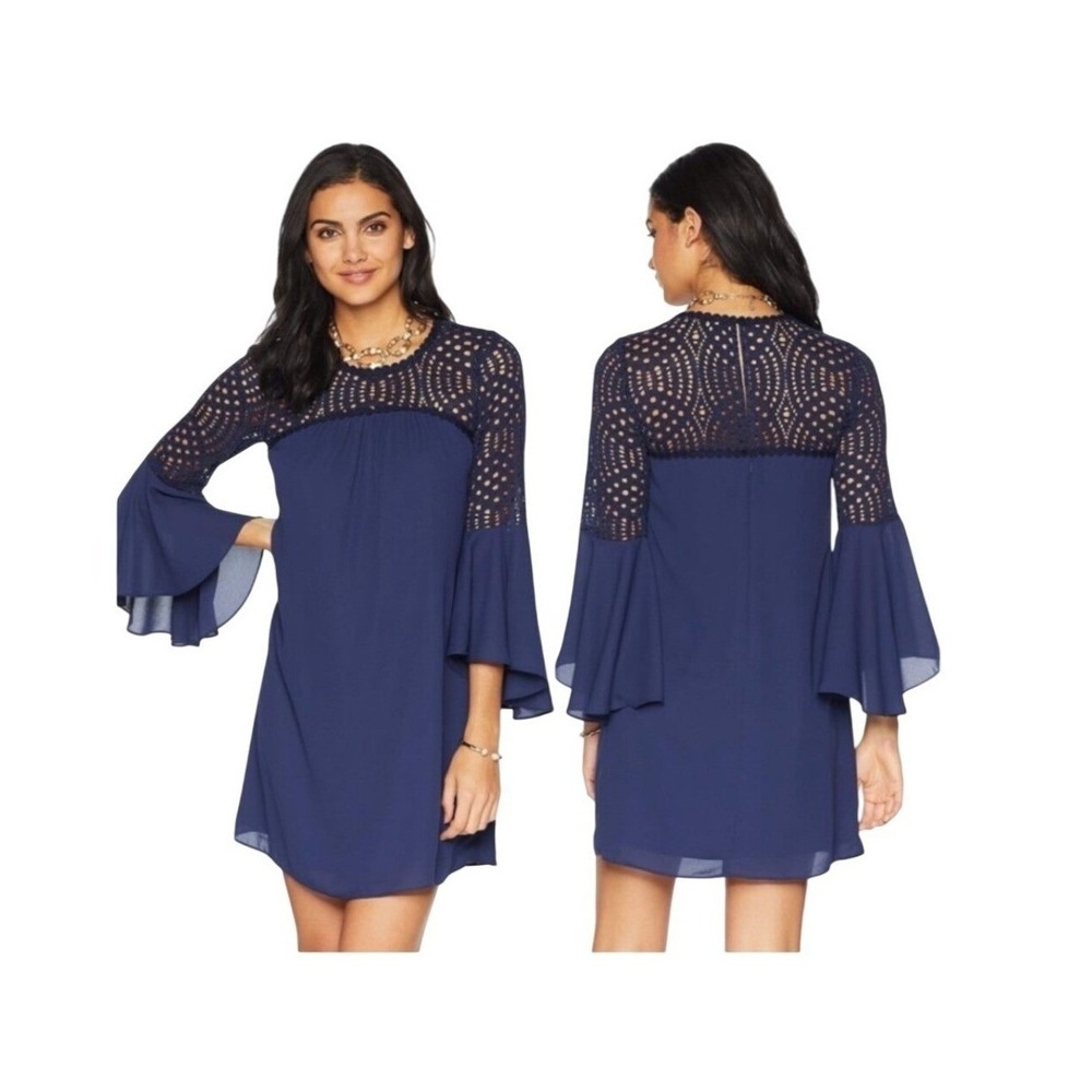 Lilly Pulitzer Shift Dress Women's 2 Navy Blue Crochet Lace Bell Sleeve